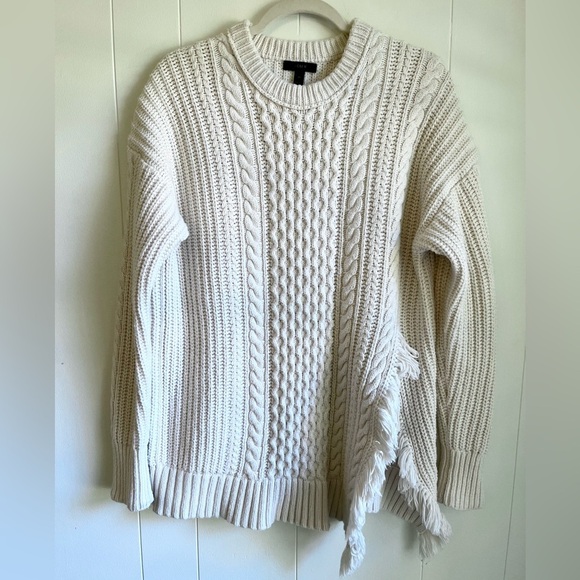 J. Crew Sweaters - J. Crew Cable Knit Fringe Slit Ivory Cotton Wool Blend Tunic Sweater Sz Med